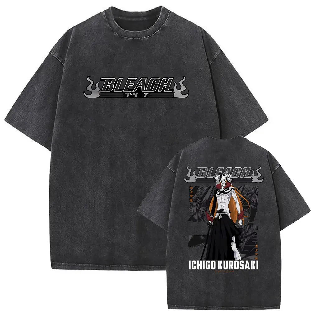 

Anime Bleach Kurosaki Ichigo Washed Vintage Tshirt Men Women Manga Casual Crewneck T-shirt Men's Oversized T Shirts Streetwear