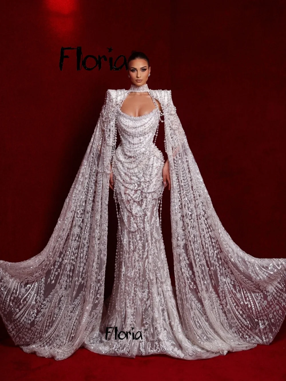 Biała koronkowa suknia ślubna z Dubaju z żakietem, haftem, perłami, szata dla panny młodej, olśniewająca, szyta na miarę, długa suknia ślubna 2026, suknia ślubna (Robe De Mariée)