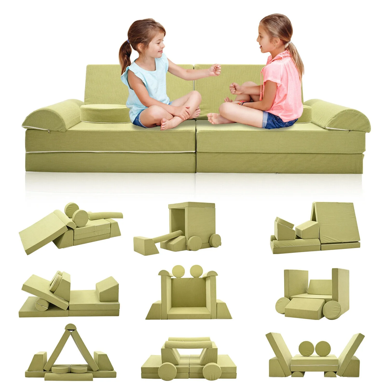 US Kids Play Couch Set 10/11pcs Modular Kids Play Couch High-density Foam Kids Gift