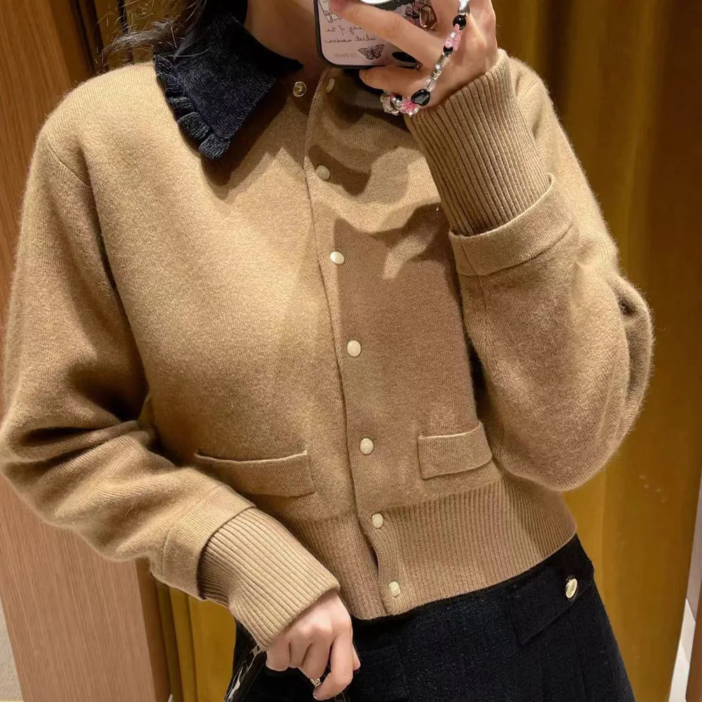 

Кардиган 2021, осенне-зимний новый женский повседневный стиль, поло с кружевным воротником, короткий вязаный верх, свободный