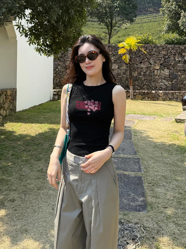 Décontracté coréen Sle rond Ne Svel coupe ajustée polyvalent poids lourd Base en coton irt haut femmes Faion imprimé Design