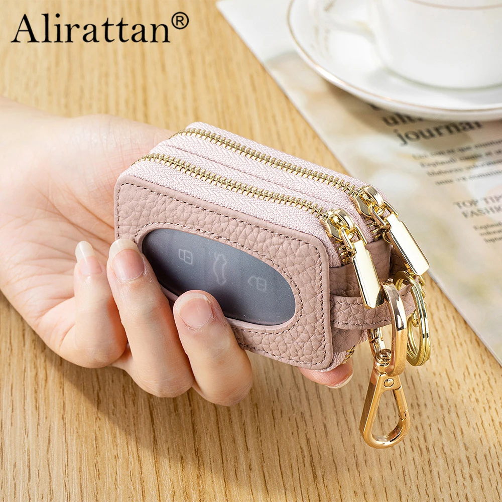 Alirattan 2026 New Real Leather Multifunctional Double Zipper Key Bag Women's Headband Storage Bag Car universal Key Bag