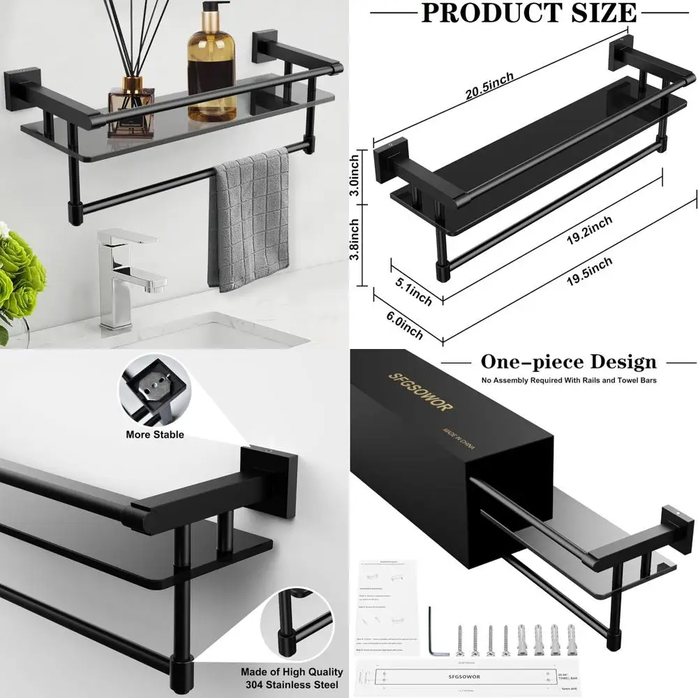 

Bathroom Glass Shelves with Towel Bar - 20 Inch Tempered Glass Shelf and Stainless Steel Towel Holder for Wall Mounting
