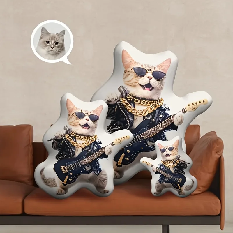Personalisiertes 3D-gedrucktes Plüschkissen mit Rock'n'Roll-Katzen-Design, ausgestattet mit Gitarre und modischen Brille, weich