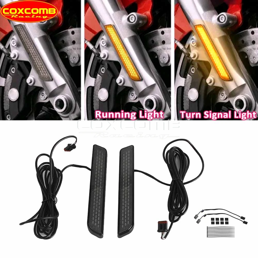 ل هارلي بجولة FLHR FLHX FLHXS FLHTK FLHTKL FLHTCU FLHTCUL الجبهة شوكة الوامض دراجة نارية LED بدوره إشارات مصباح يوم تشغيل الضوء