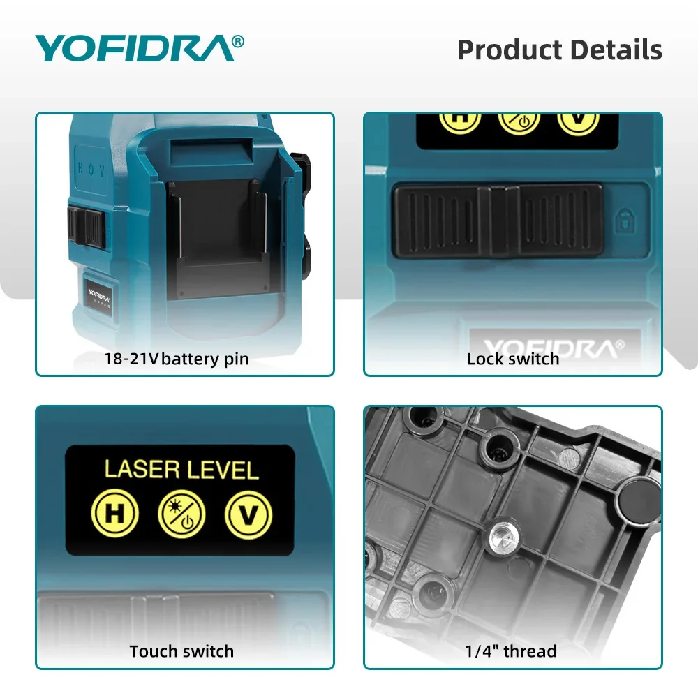 YOFIDRA 4D 16 Linien Ultra Leistungsstarker Grüner Strahl 360 ° Selbstnivellierende horizontale Lasernivelliergeräte mit 1-Meter-Stativ für Makita 21V-Akkus – Detail 17