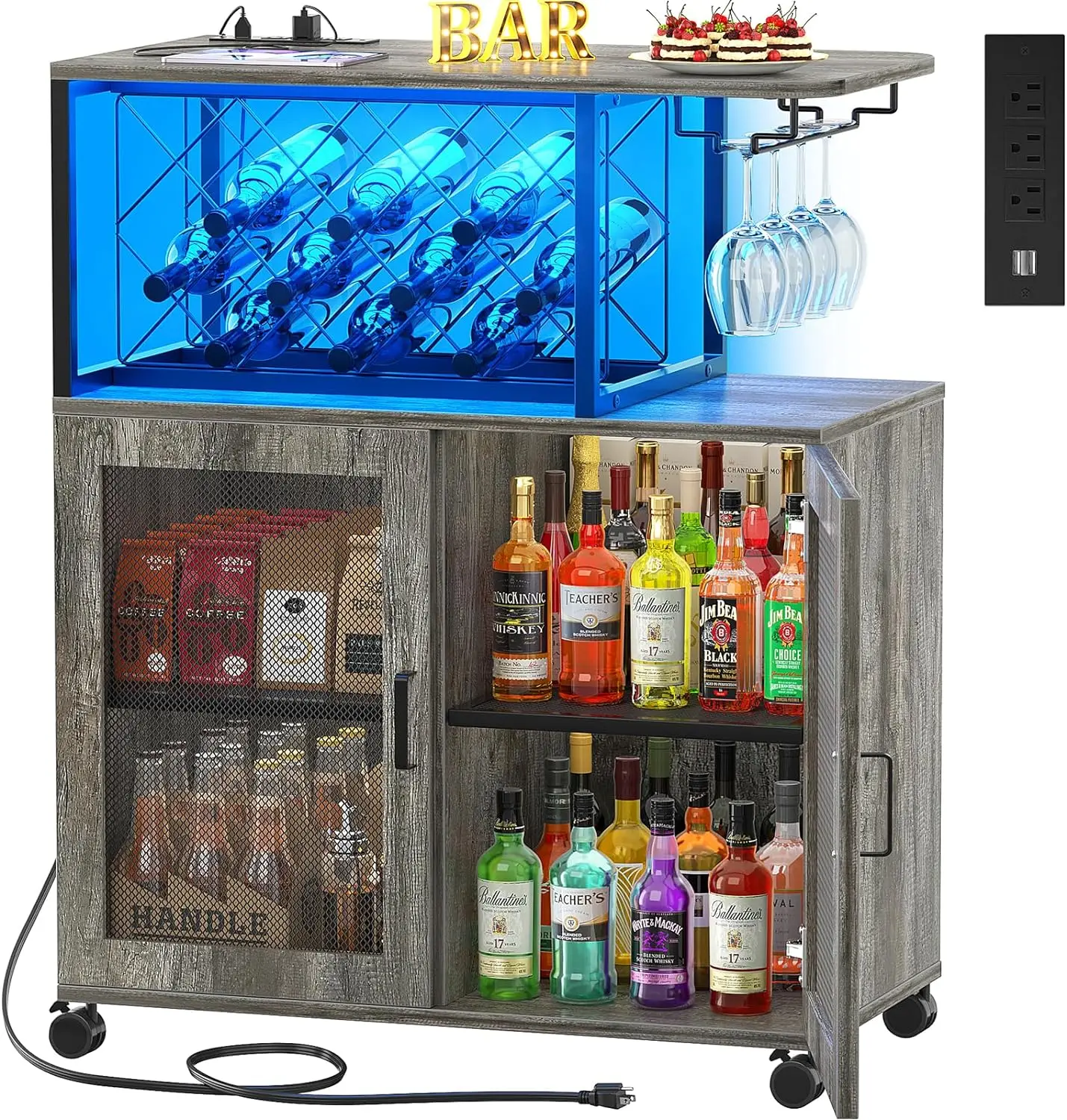 

Small Bar Cart With Wheels, Liquor Cabinet With Led Light, Wine Bar Cabinet With Power Outlets, Home Mini Bar With Wine Rack,