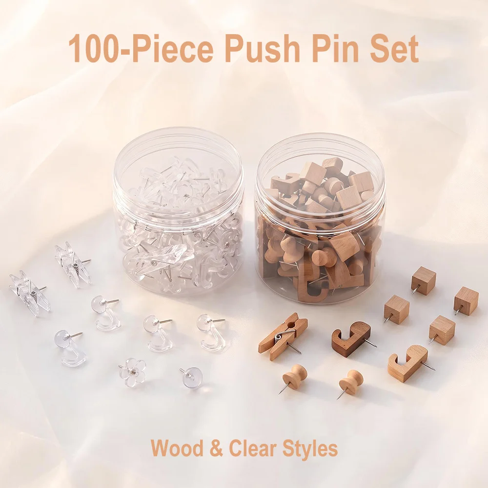 100Pcs Multifunctional Push Pin Clips Thumbtack Wooden+Transparent Plastic Clips Push Pins Home Wall Decoration Offices Supplies