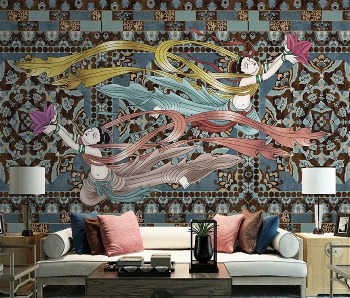 Dunhuang frescoes China-Chic Feitian Lady Jiyue Xiangyun Buddhist Hall Wallpaper Hanfu shooting background Custom wall cloth