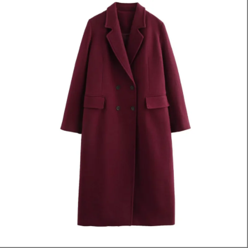 

Wine Red Autumn and Winter Commuting Casual Temperament Long Double-breasted Coat