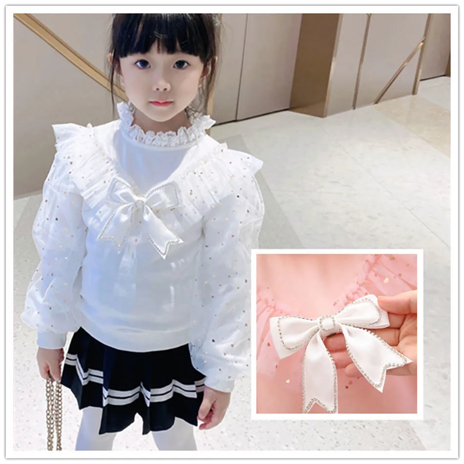 Chic and Comfortable Girls White Bow-Knot Blouse with Bubble Sleeves and Lace Kids 2024 Spring Autumn Collection Long Sleeve Top