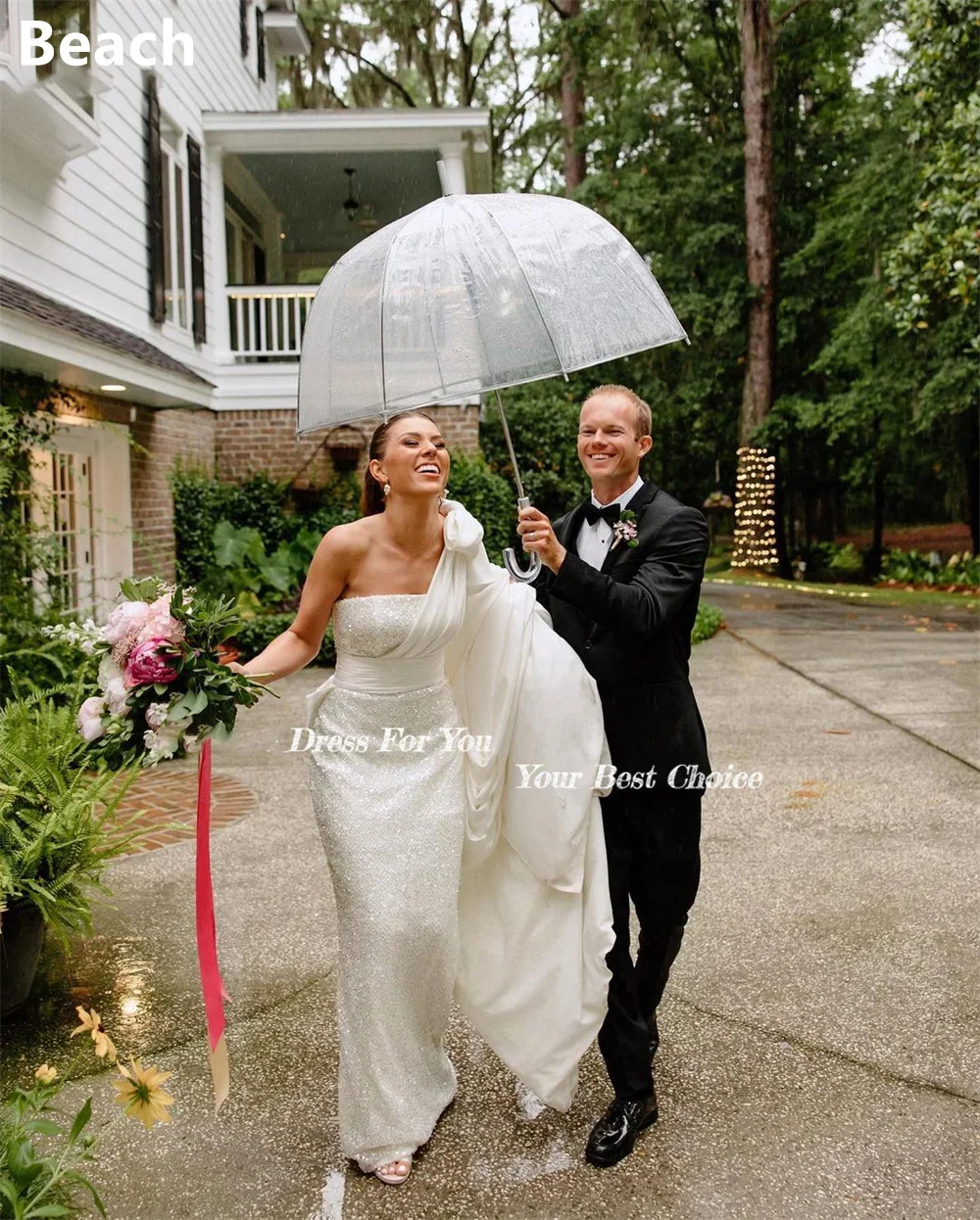 Abiti da sposa con una spalla glitterata abiti da sposa senza maniche con fiocco abito da sposa in Ttain di raso arricciato da spiaggia Straight Saprkly