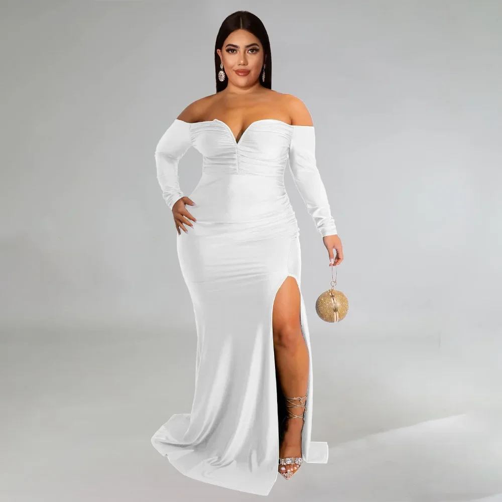 KEXU Sexy High Split Elegant Evening Dresses Plus Size Women Celebrity Party Maxi Dress Full Sleeve Strapless Bodycon Long Dress