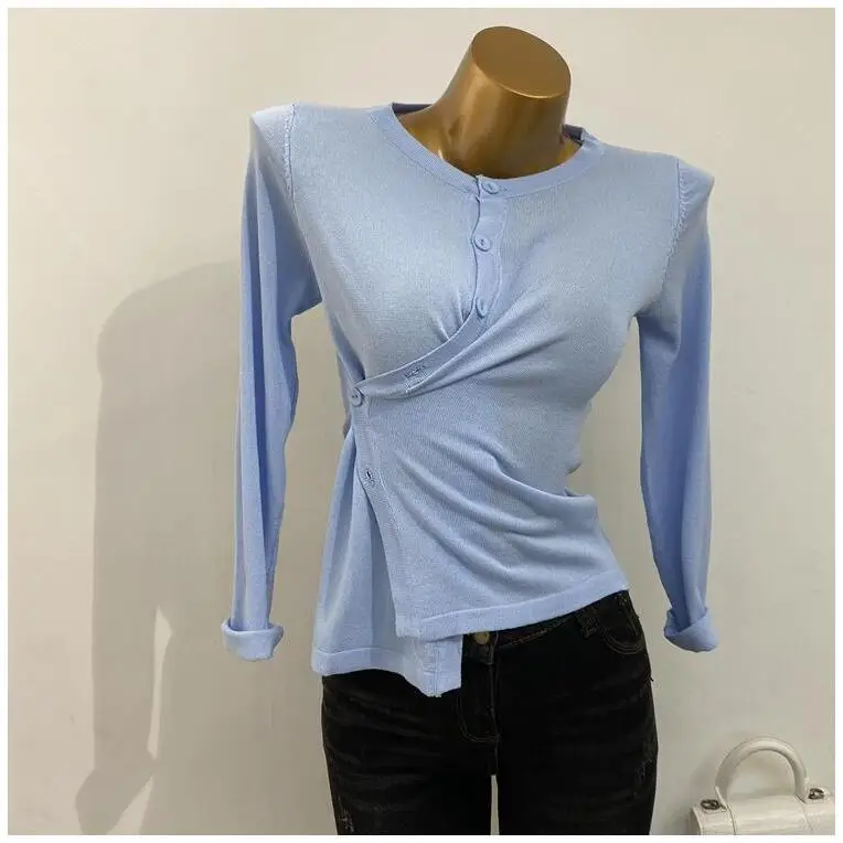 Spring Summer Thin Waist-Cinching Button-Up Knitwear Long Sleeve Open Cardigan Slimming Korean Style Casual Fashion Women's Top