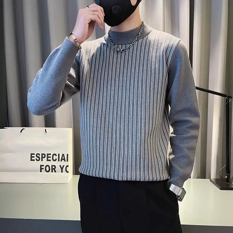 

Half-turtleneck Sweater for Men in Autumn Winter Striped Inner Base Sweater New Popular Top