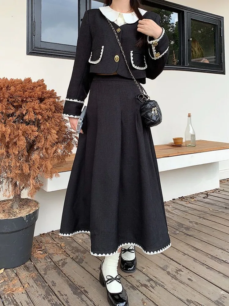 UNXX Autumn French Sweet Two Piece Set Women Temperament Contrast Color Small Fragrance Blazer Coat Crop Top + Long Skirt Suits