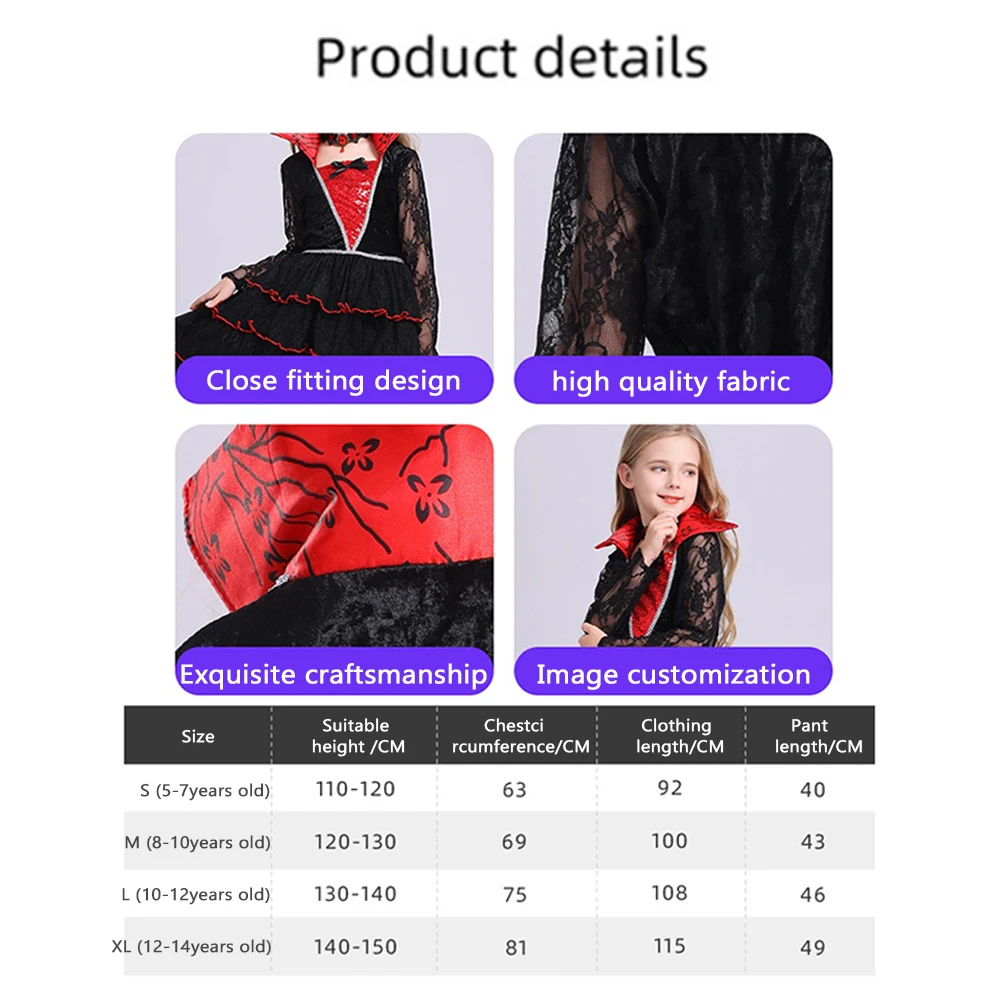 Gothic Vampire Long Dress Costume Red Floral Inner Robe With Flared Sleeves Hooded Skeleton Print Gown And Flame Pattern Hem Dress Classic Stand Collar Matching Decorative Neck Ring For Halloween Gathering Haunted House Event Horror Themed Cosplay Outfit view 8