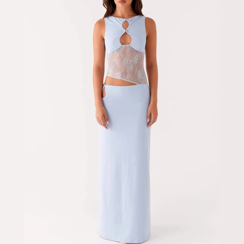 

Women'S New Spicy Girls Sexy Backless Tank Hollow Holes Lace Sheer Spliced Slim Hips Long Skirts Maxi Dress Summer Elegant Party