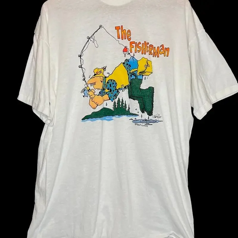 Vintage The Clumsy Fisherman T Shirt Fish Outdoors Art White 80S 90S