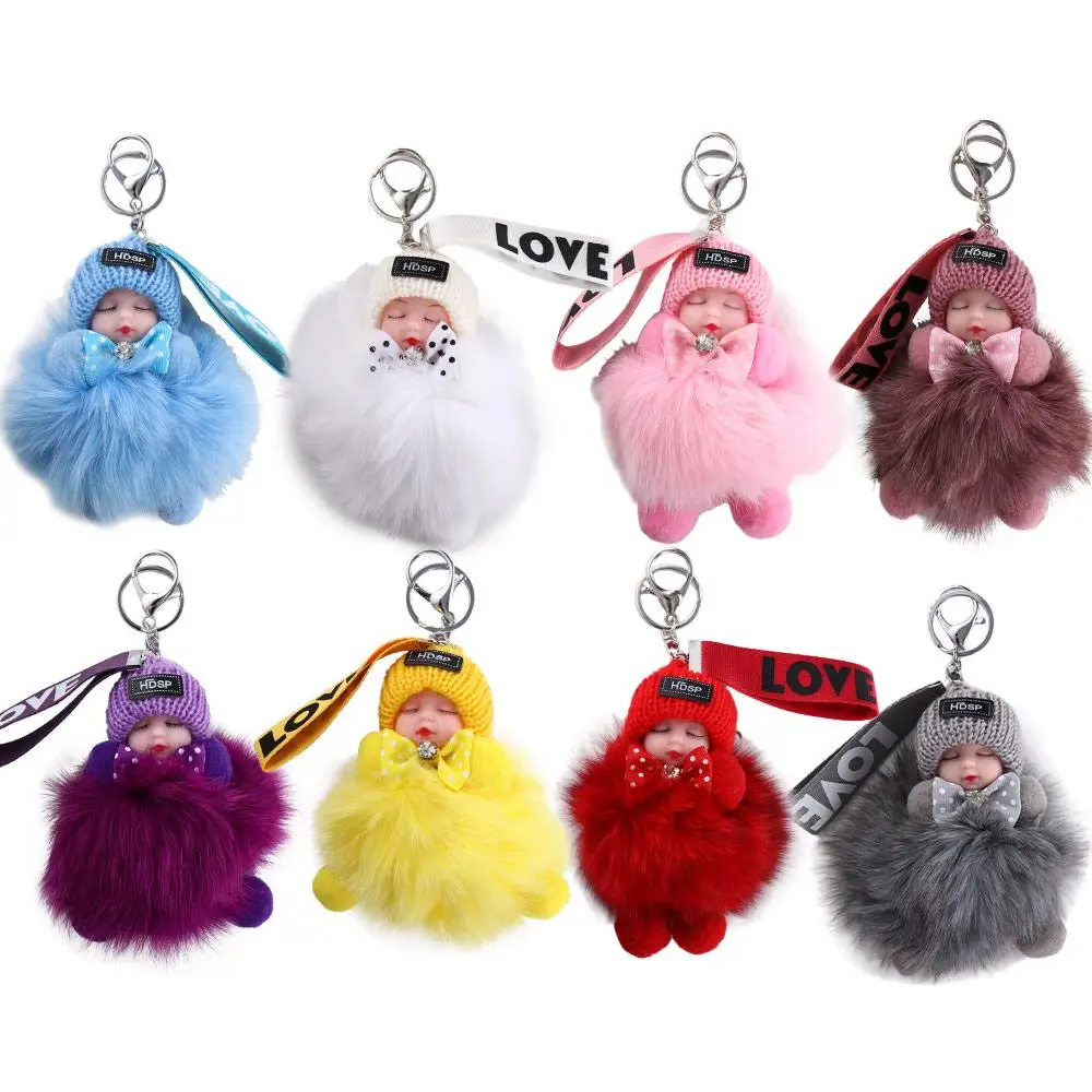 Kawaii Cute For Girls Ball Pendant Jewelry Gift Backpack  Keychain Sleeping Baby  Fluffy   Pompom Keyring