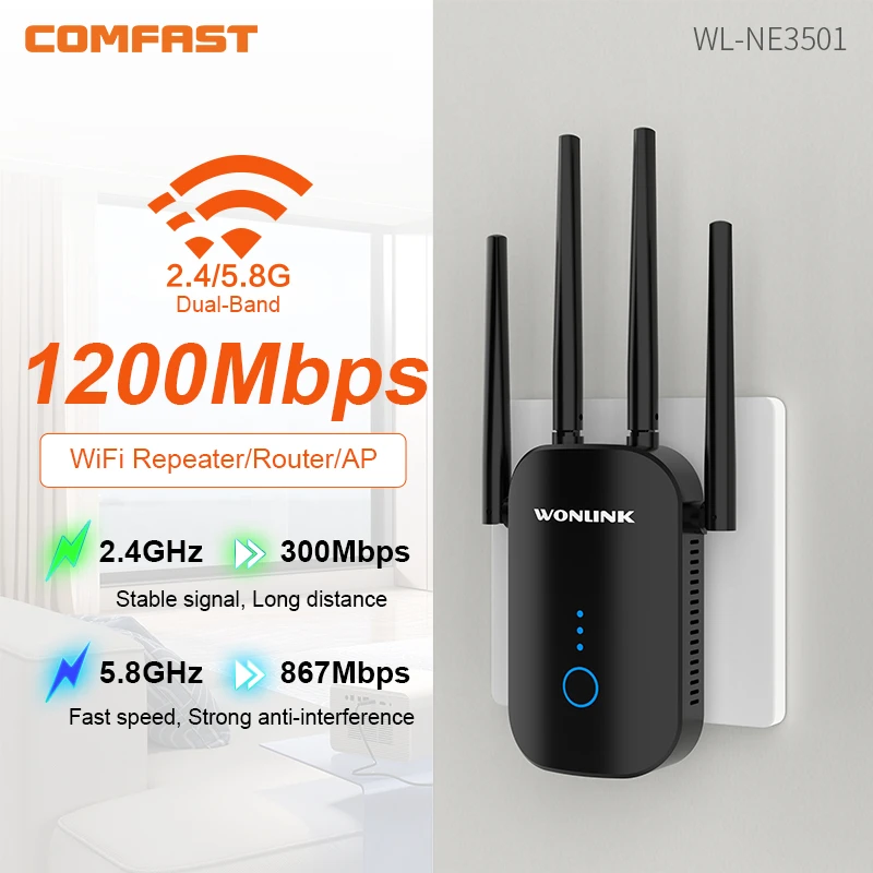 Wonlink-ワイヤレスwifiリピーター,レンジエクステンダー,デュアルバンドリピーター,4アンテナ,白黒,1200mbps,2.4 ghz,5ghz