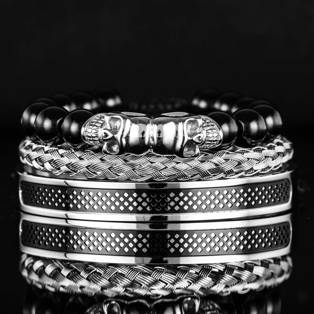 3pcs/set Stainless Steel Skull Skeleton Head Bangle Beaded Bracelets Black Stone Braided Bracelet for Men Jewelry Pulsera Hombre