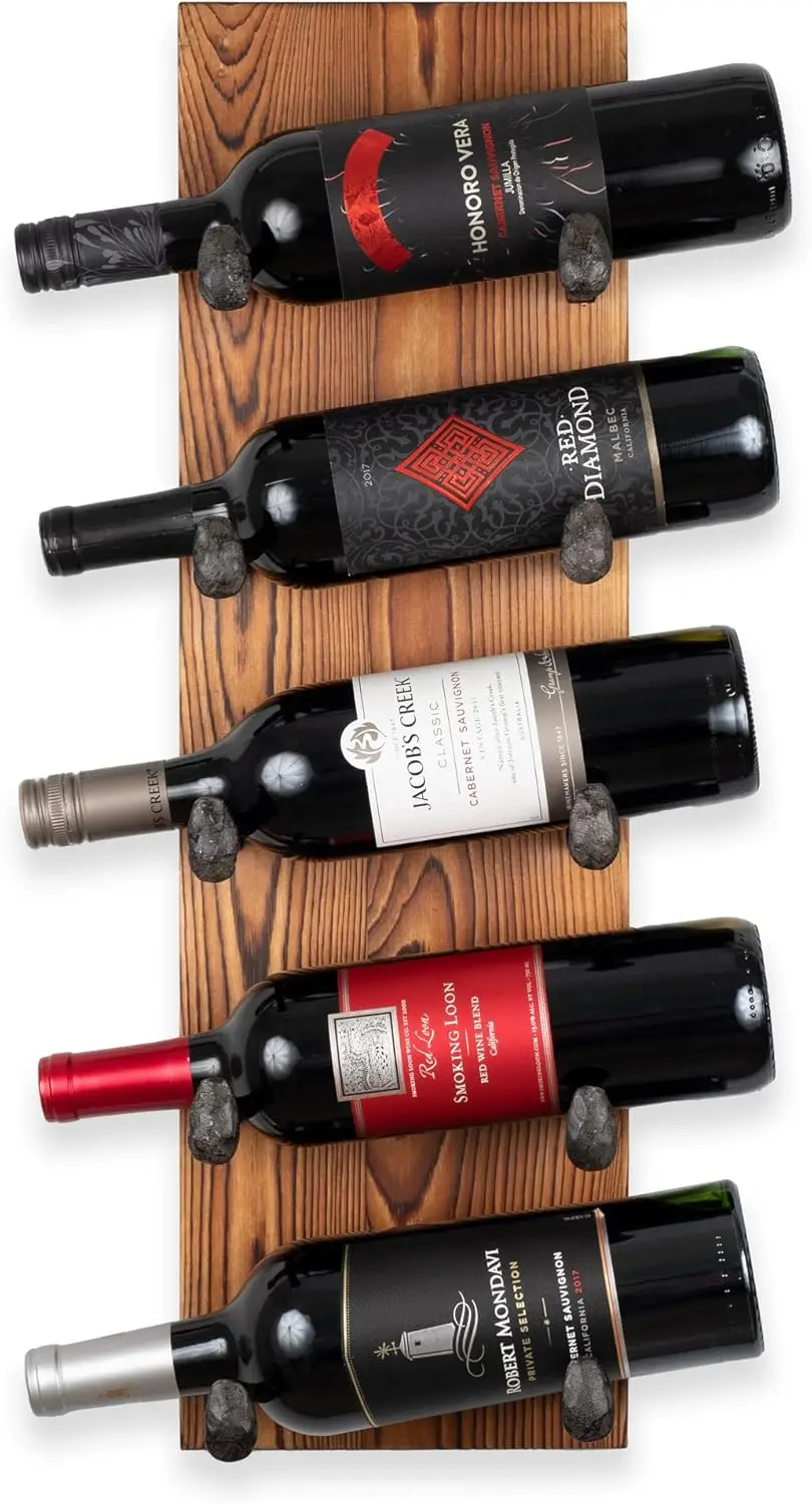 

Rustic Wall Mounted Reclaimed Wood Wine Rack with Iron Hooks for 5 Bottles - Farmhouse Decor