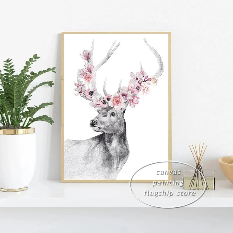 Safari Animals Giraffe Llama Horse Stag with Flowers Poster Canvas Printing Black and White Wall Art Picture for Room Home Decor