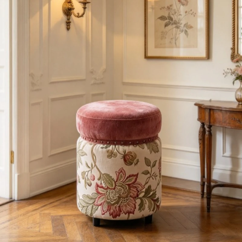 Movable Entryway Shoe Changing Stool, Printed Floral Fabric Round Stool, Soft Breathable Vanity Seat, Aesthetic Home Decor