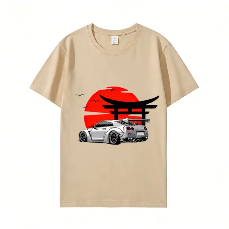 Men's JDM GTR Sports Car T-shirt, Japanese Torii Gate Sunset Graphic Casual Short Sleeve Streetwear Tee for Men WX061
