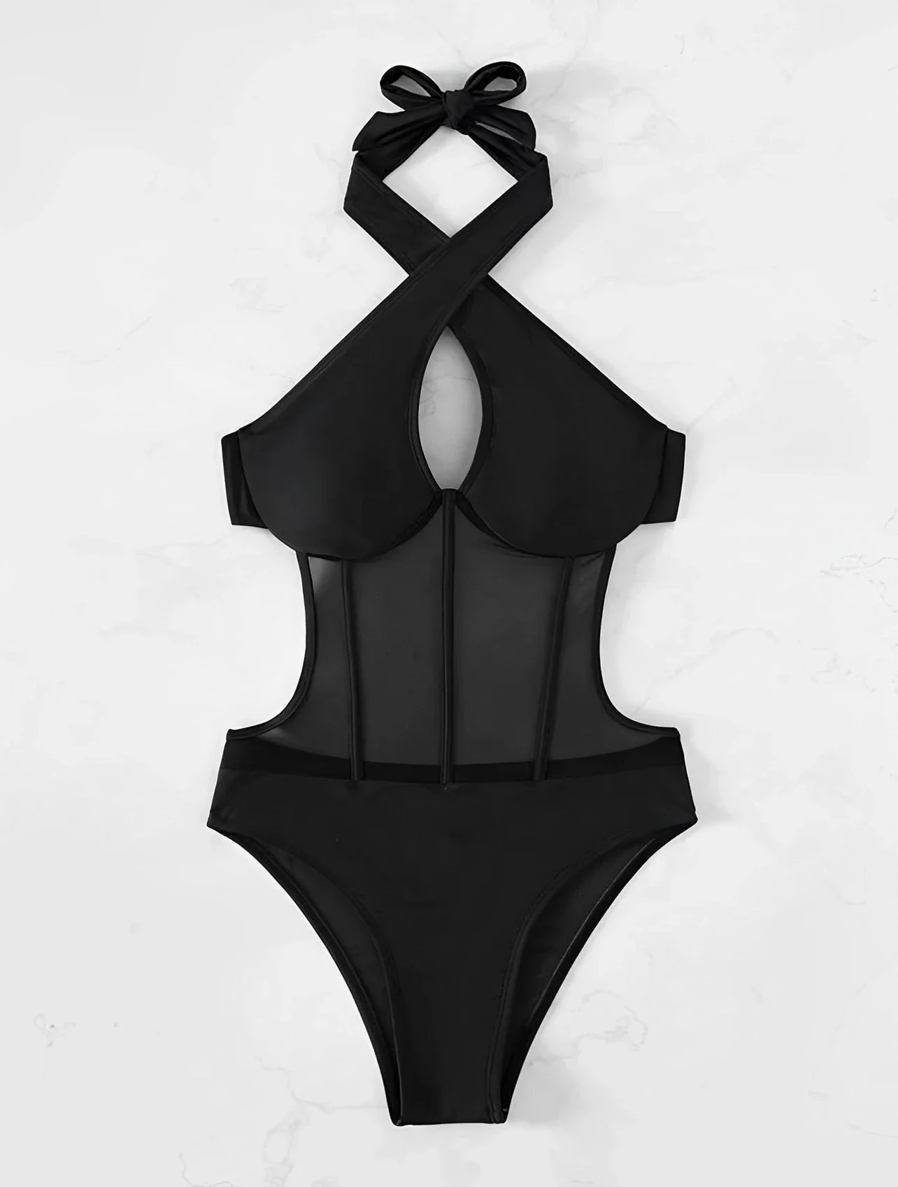 2025 Contrast Mesh Cut Out Halter Swimsuit One Piece Solid Swimwear Women Push Up Bathing Swimming Swim Suit Female Beach Wear