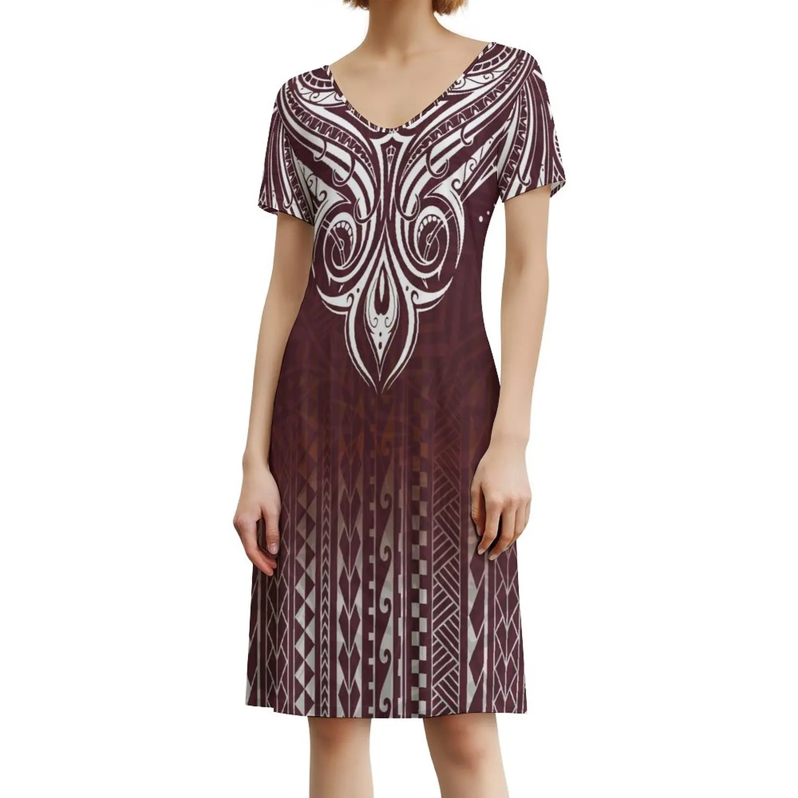 Polynesian Tribal Fashion Women'S Wear Supports Custom Hd 3d Printed Women'S V-Neck Short-Sleeved Knee-Length Dresses