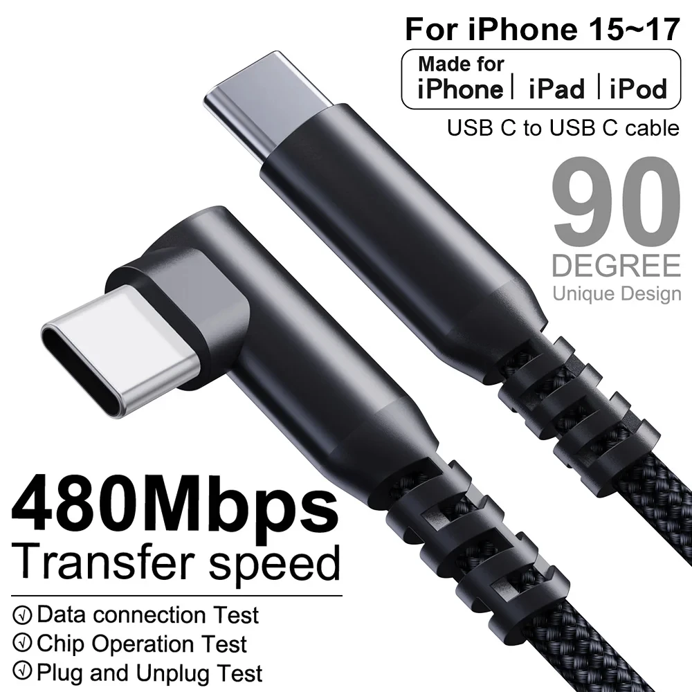 60W Type C Fast Charging Cable 90° Angle C to C Charger Cable 480Mbps High Speed Data Transfer Cord for iPhone Samsung Android