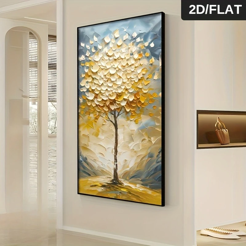 2D Flat Retro Creative Golden Tree of Life Canvas Wall Art - Unframed Abstract Plant Art Prints for Living Room and Office Decor