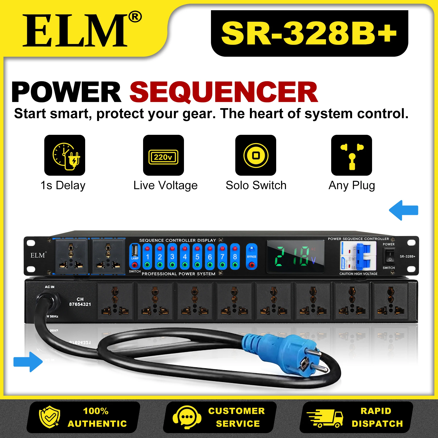 SR-328B+ 8+2CH Power Sequencer with 30A Relay & Voltage Display for DJ Audio Stage Lighting Universal Plug 220V/50Hz