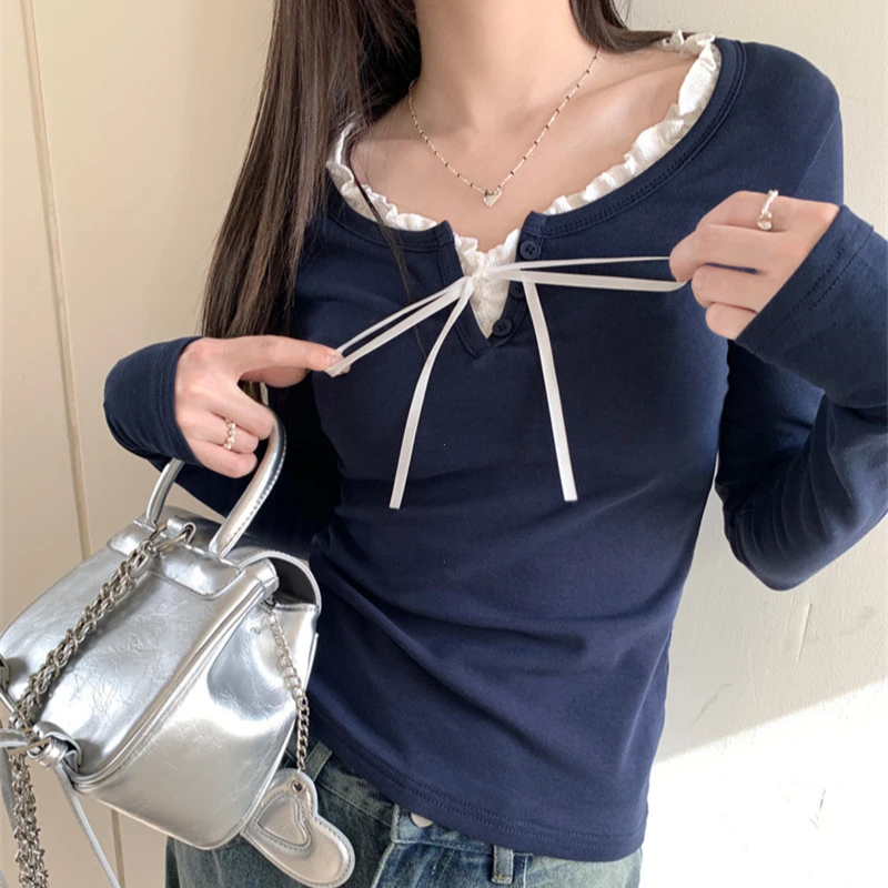 

Женские футболки с круглым вырезом, с бантом, простым пэчворк-дизайном, универсальные, осенние, для студентов, молодежные, мягкие, в корейском стиле, шикарные, повседневные, модные