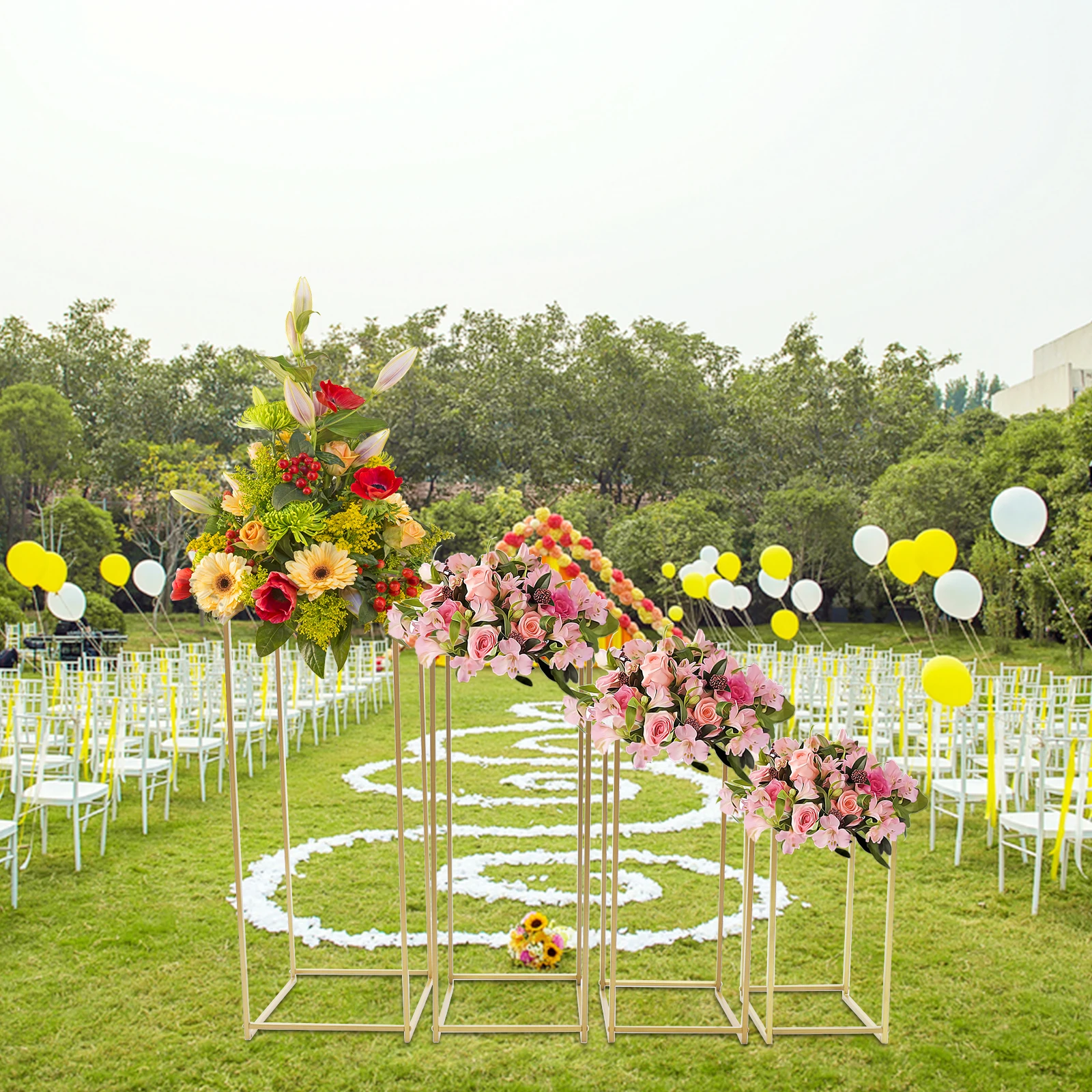 Soporte de flores de boda, centro de mesa rectangular de oro/blanco, soporte de Metal, jarrón, columna, soportes de fondo, fiesta de eventos, 4