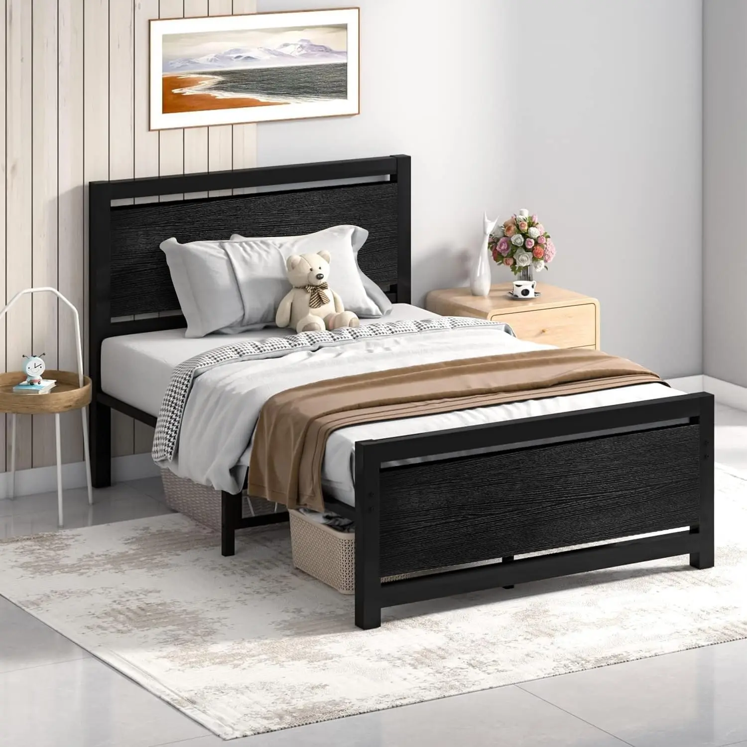 Estructura de cama doble, con cabecero de madera, estructura de cama doble de metal, con soporte de placa de acero maciza, cama con plataforma pesada