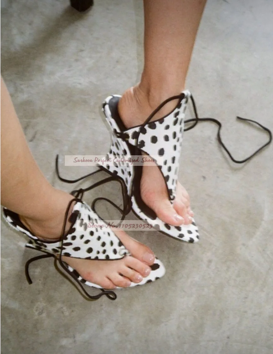 White Black Polka Dots Horsehair Wedged Heel Sandals Clip Toe Sexy Lace-Up Strange Heel Dress Shoes Gladiator Pumps