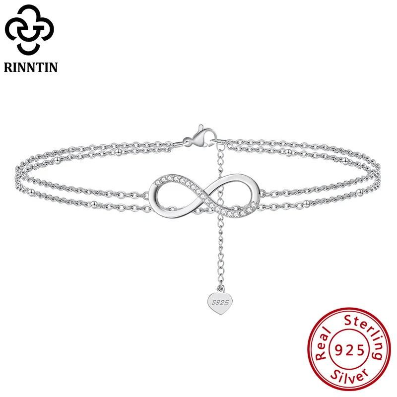 Rinntin Charm Shiny Infinity Anklet Women Gold Silver Color Zircon CZ Vintage S925 Silver Ankle Bracelet Sparkly Jewelry SA16