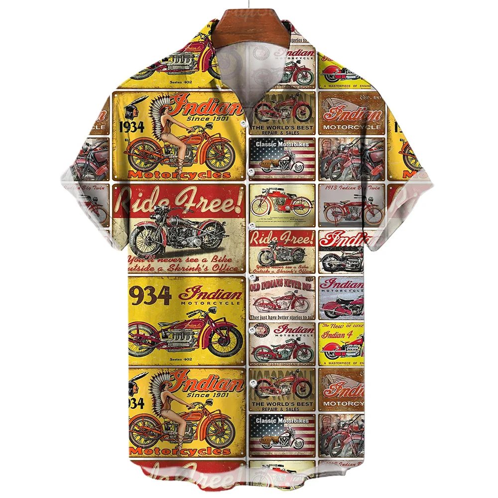 Vintage Men\'s Shirts Motorcycle Tees Route 66 Print Short Sleeve Top Summer Clothing Multiple Pattern Shirt Oversized Streetwear