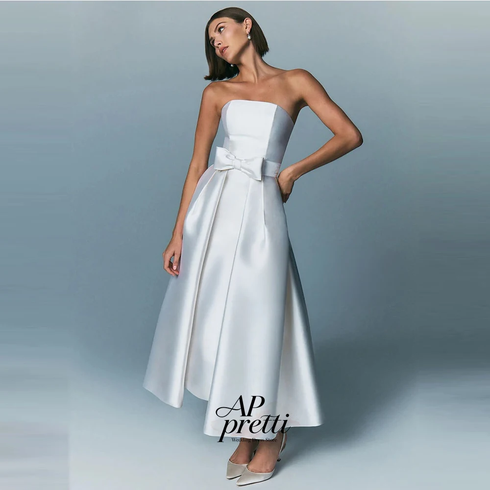 AP pretti Elegant Satin Wedding Dresses Strapless Customized Sleeveless Tea-Length Sheath 2026 Bridal Gown Vestidos Novias Boda