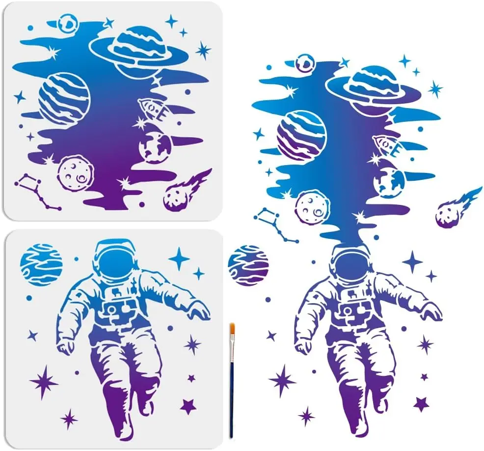 2pcs Astronaut Planet Stencil 15×22.5inch Splicing Size Large Space Theme Template with Paint Brush 11.8×11.8inch Astronauts