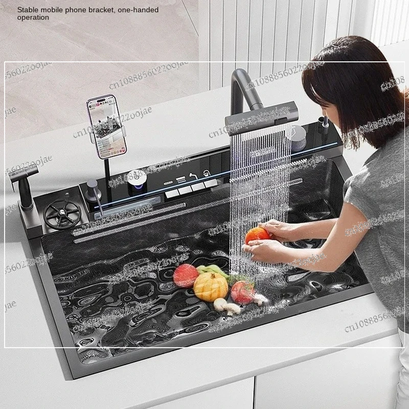 

Honeycomb embossed integrated 304 stainless steel right 8045 waterfall style kitchen sink with digital display screen, 7545SY