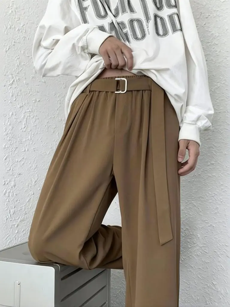 Braune koreanische Freizeithose mit weitem Bein und Gürtel für Herren, Streetwear, Oversize-Baggy-Hose, Harajuku, coole schwarze Arbeitskleidung, Anzughose