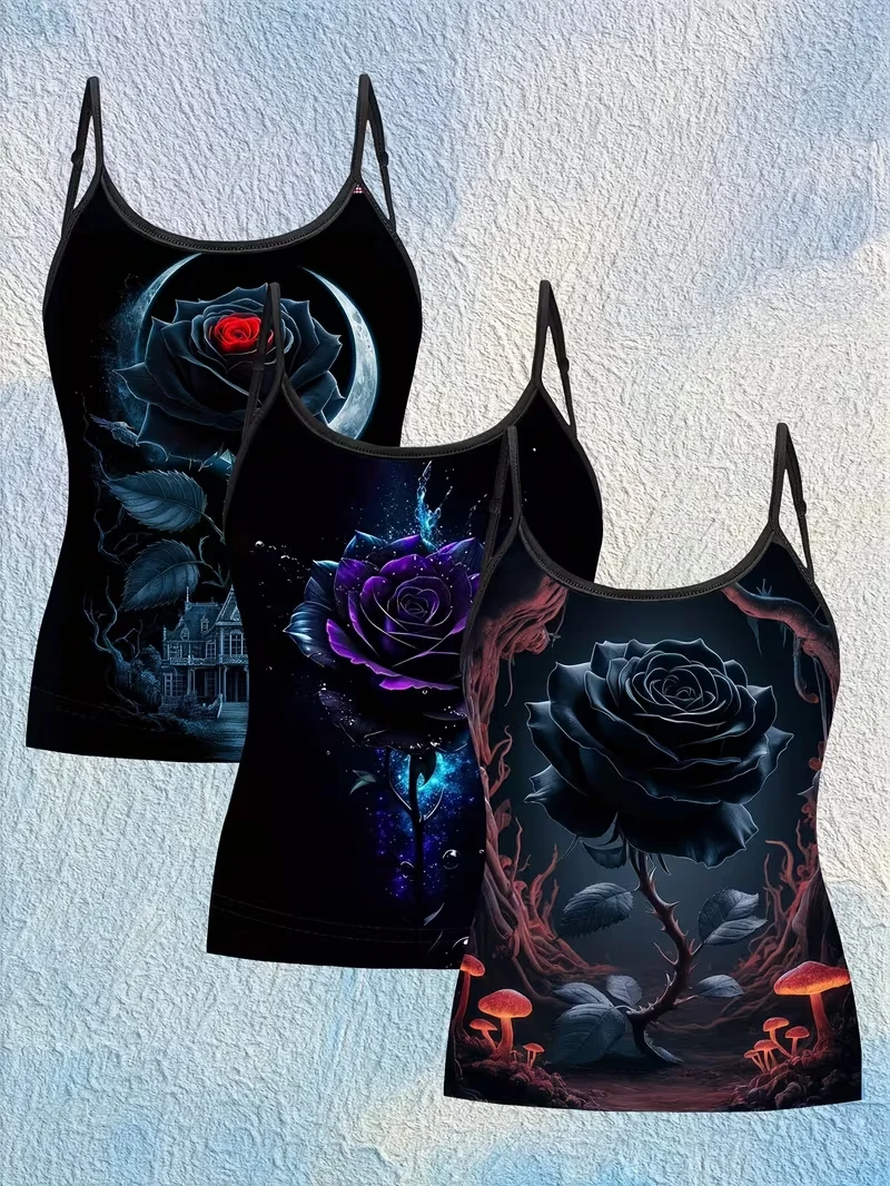 3-Piece Set of Dark Black Rose Print Camisoles for Women, Gothic Crescent Castle Thorn Mushroom Style, Slim Fit Sleeveless Spicy Girl Inner Wear Tops
