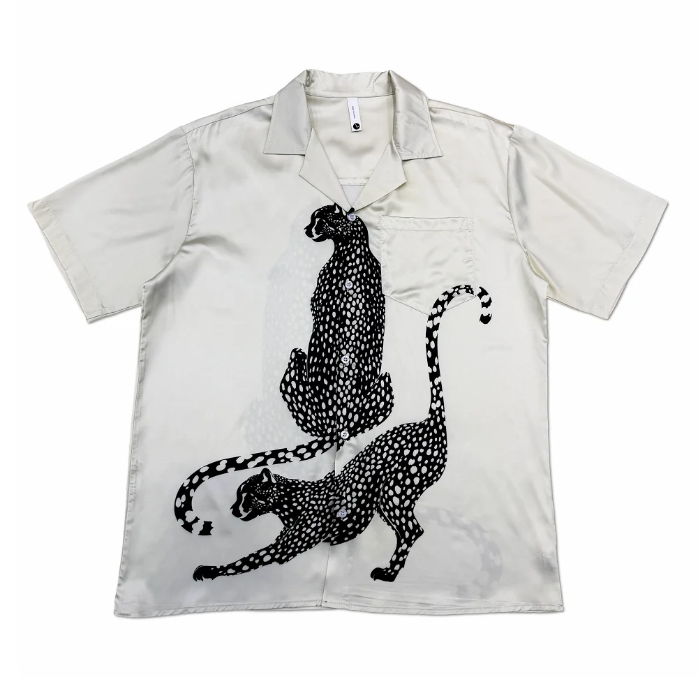 

Рубашка с леопардовым принтом из мягкого атласа, белая, для мужчин и женщин, модная, свободная, повседневная, для отдыха, пляжная, с коротким рукавом, летняя