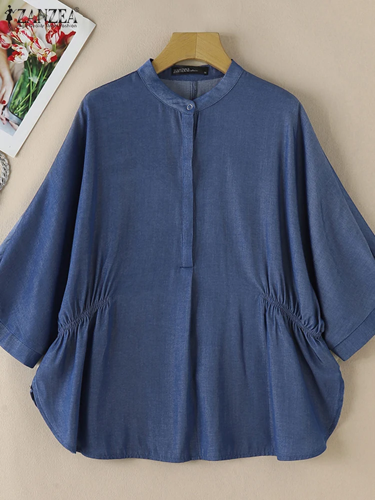 بلوزات نسائية صيفية وخريفية من ZANZEA قميص أزرق من قماش الدنيم بأكمام 3/4 بلوزات فضفاضة غير رسمية قميص كبير الحجم