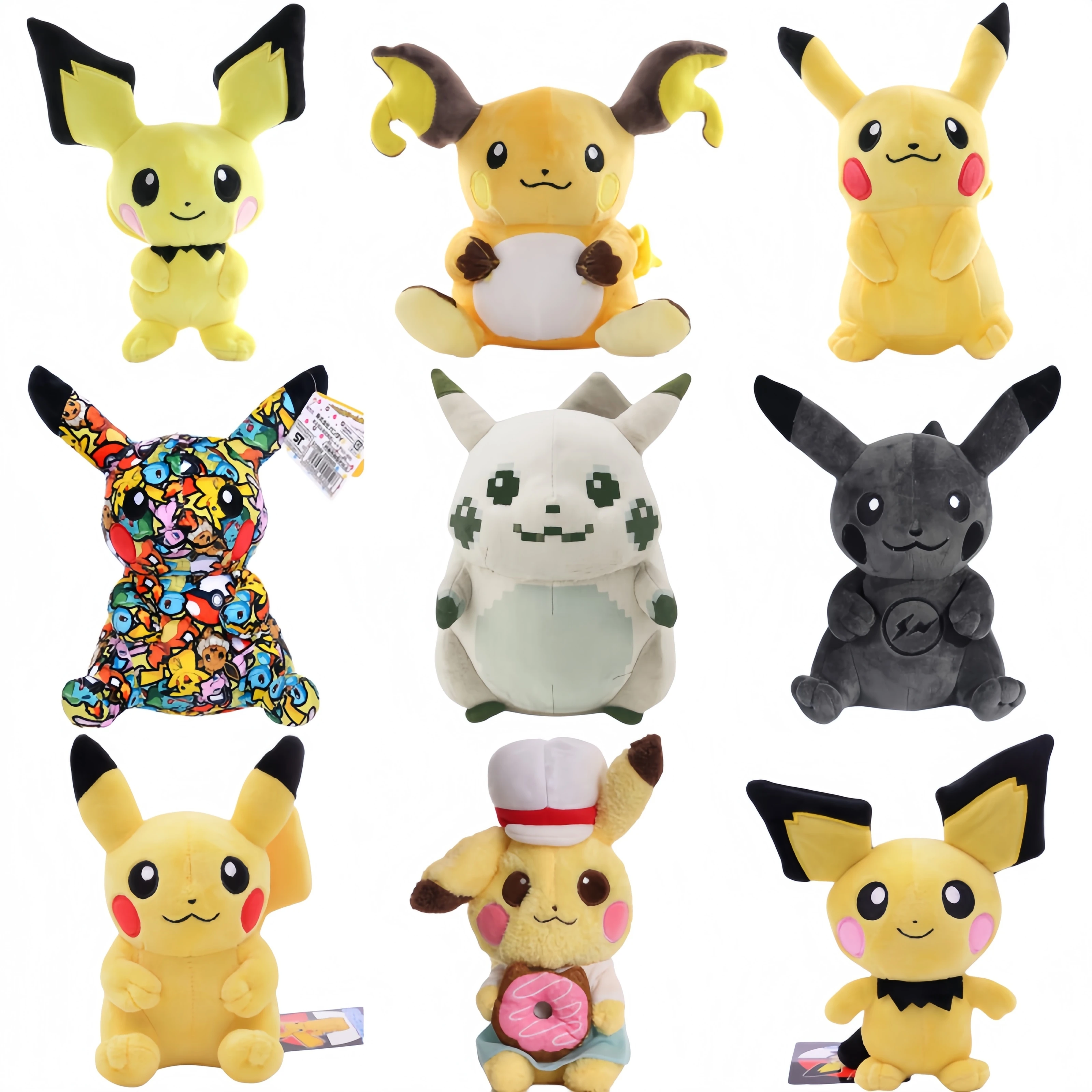 Pokemon Initial Pixel-Art-Stil Pikachu Dunkler Blitz Graffiti Pikachu Pichu Raichu Plüschpuppe Donut-Pikachu Spielzeug