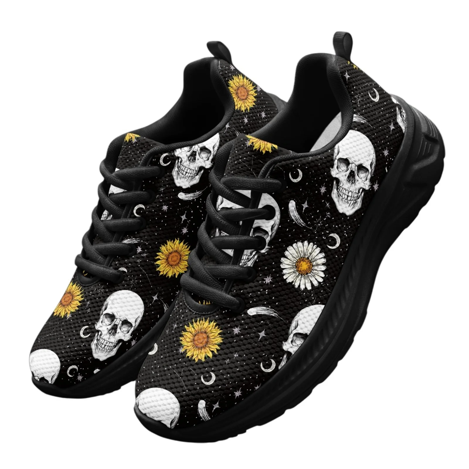 PENSTROLL Skull Sunflowers Mens Running Shoes Mesh & EVA Workout Sports Shoes Breathable Walking Sneakers for Outdoor